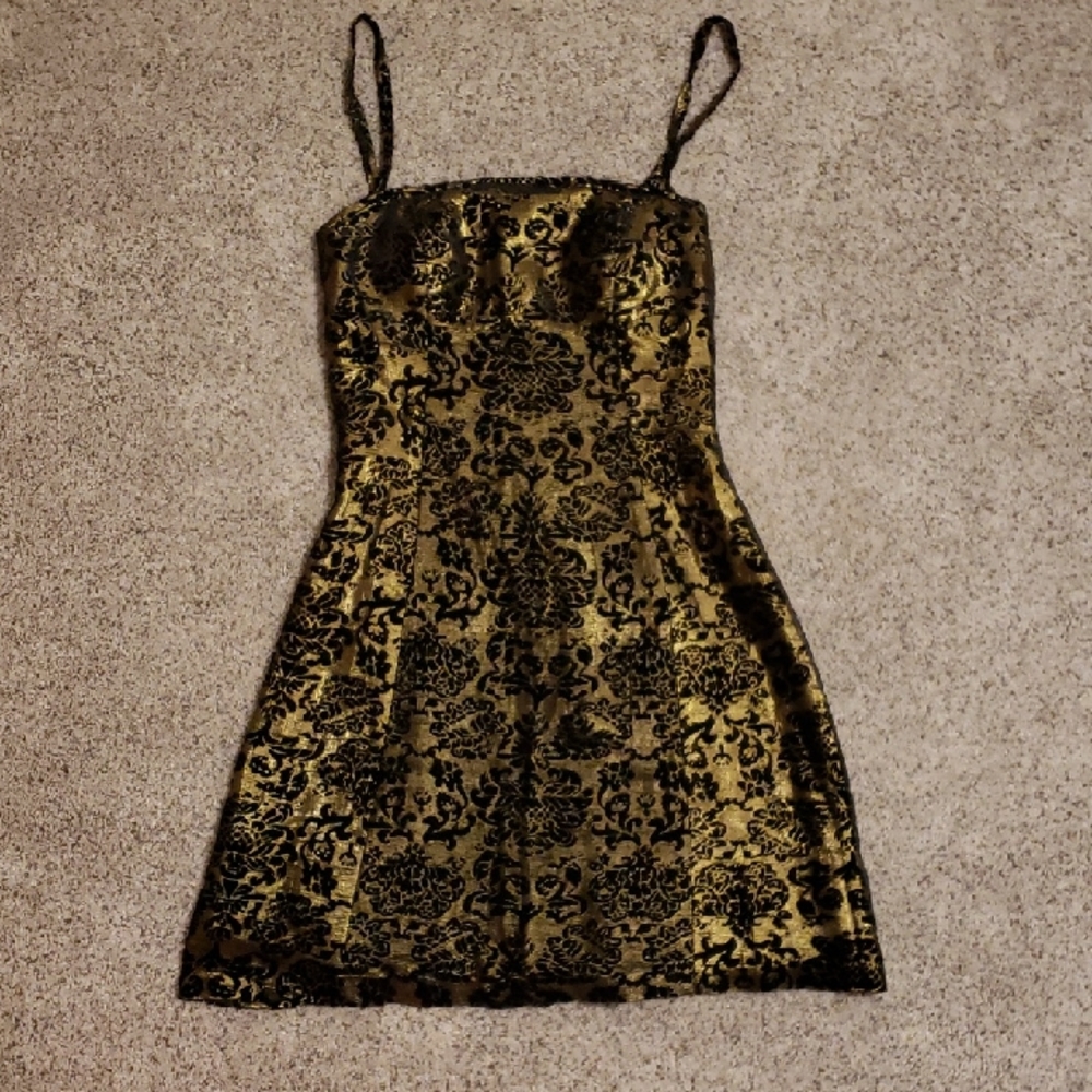 Georgiou Studio - Black velvet and metallic gold damask party dress